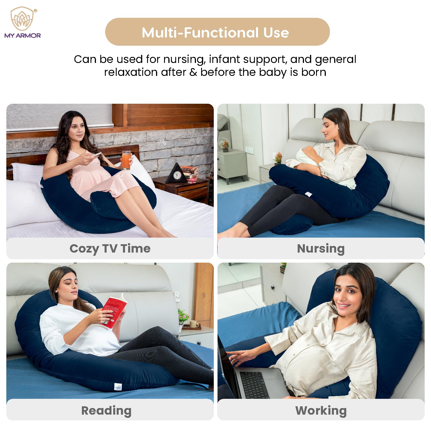 Full Body C Shape Pregnancy Pillow For Women, Maternity Pillow, Navy Blue | Pillow Gift For Pregnancy Sleeping, Premium Velvet Cover With Zip | Adjustable, Relieves Pain, Multipurpose