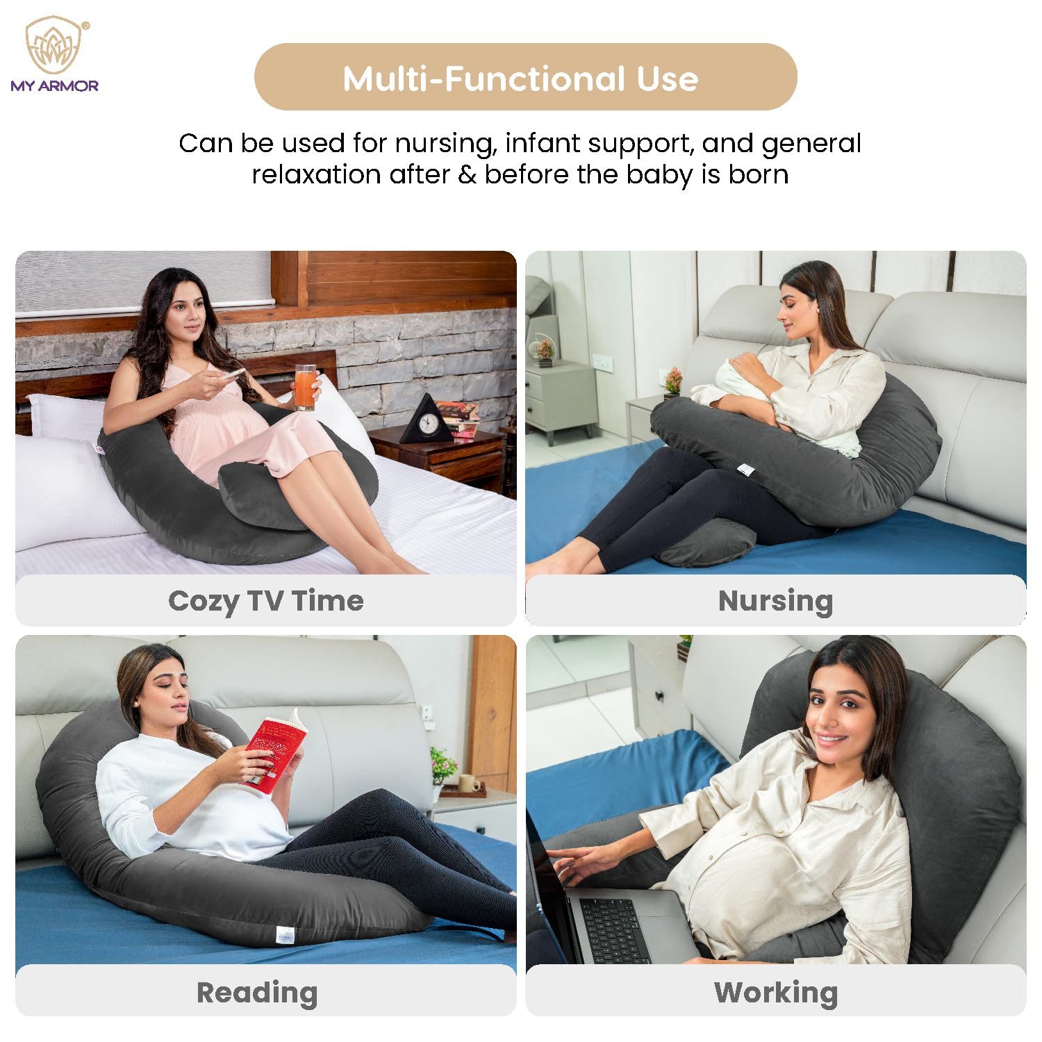Full Body C Shape Pregnancy Pillow For Women, Maternity Pillow, Dark Grey | Pillow Gift For Pregnancy Sleeping, Premium Velvet Cover With Zip | Adjustable, Relieves Pain, Multipurpose