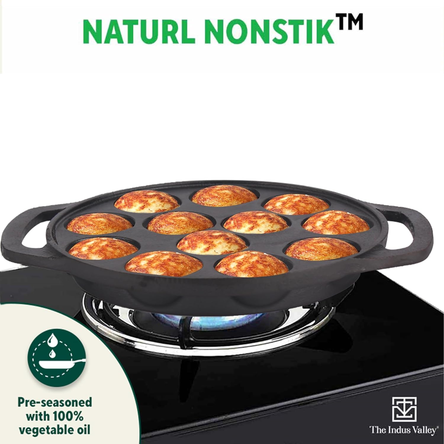 Pre-Seasoned Black Cast Iron Paniyaram Pan With Loop Handle & Silicon Grip - Medium, 12 Pits, 8.3 Inch, 21 Cm, 2 Kg | Nonstick Appe Or Paddu Pan, 100% Pure & Toxin-Free, No Chemical Coating