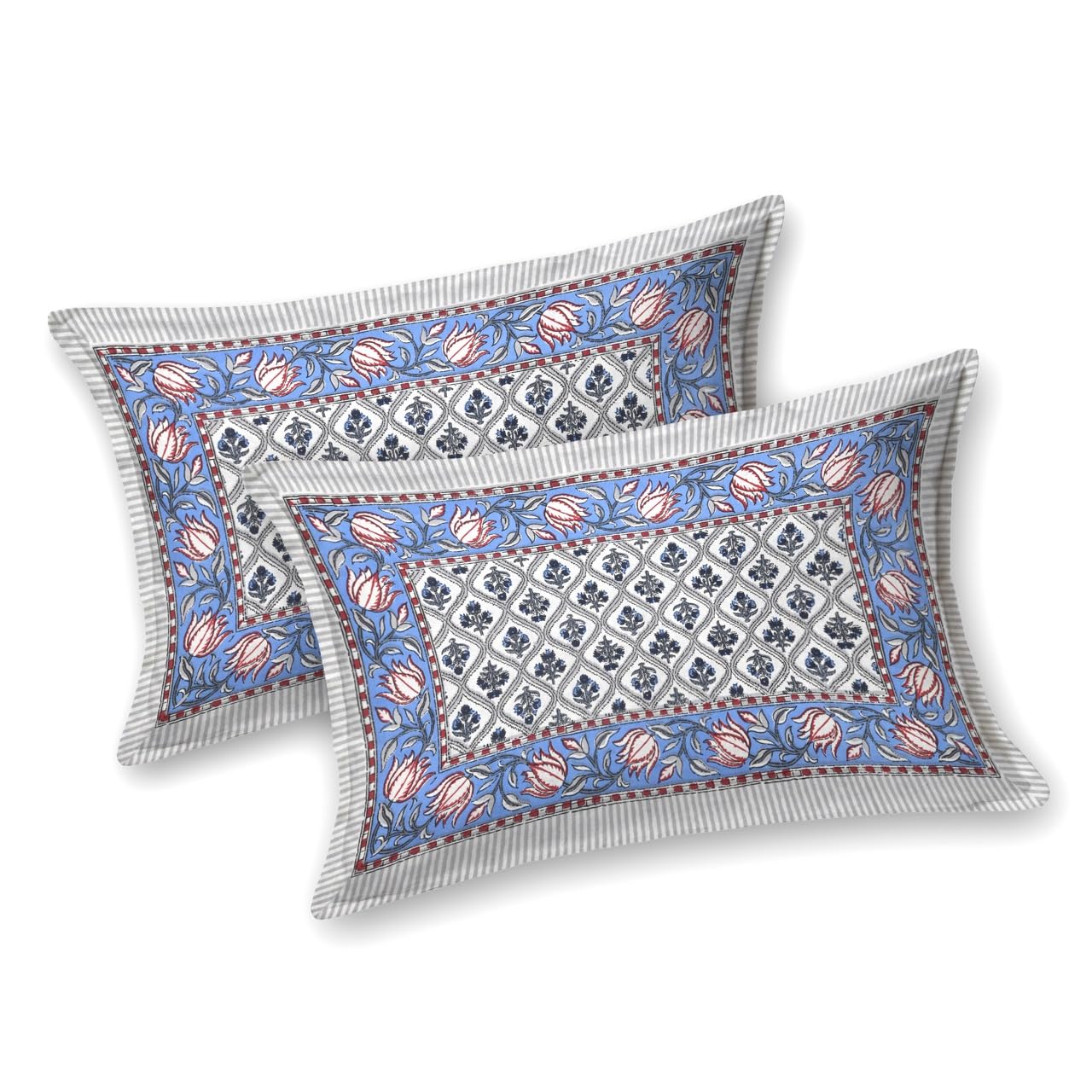 Jaipuri Cotton Bedsheet For King Size With 2 Pillow Covers | 90 X 108 Inches, White & Blue | Ultra-Soft & Skin-Safe | Breathable Summer Comfort