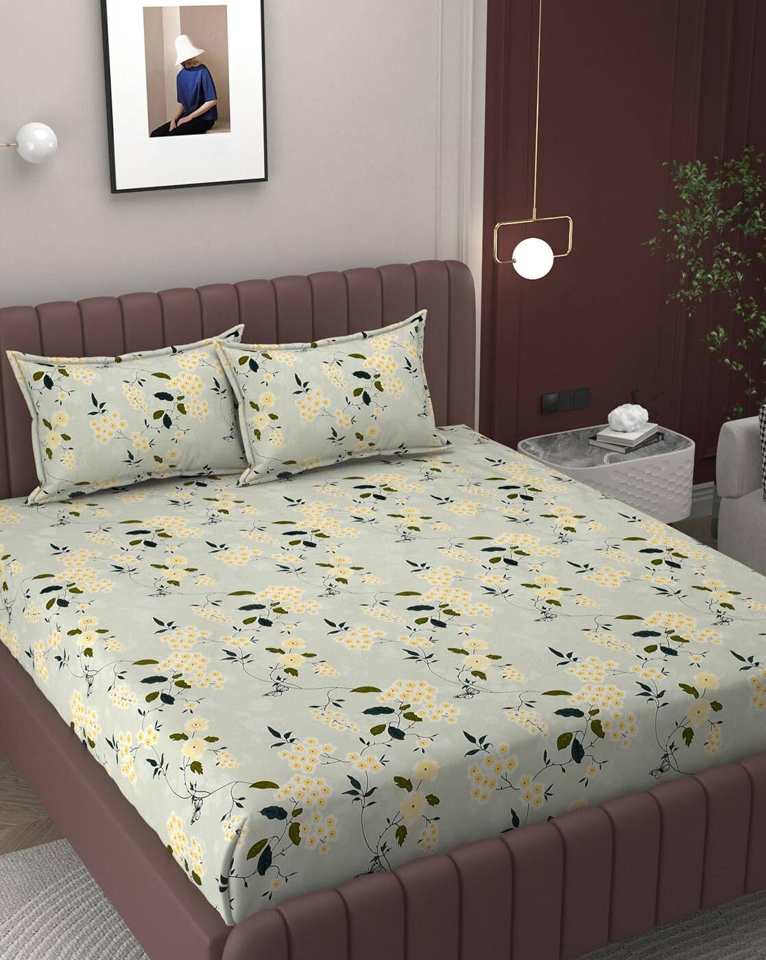 Bedsheet King Size With 2 Pillow Covers (72 X 78 Inches) Green & Yellow | Double Bed With All Around Elastic Fitted - Durable & Long Lasting Wrinkle Resistant Fabric