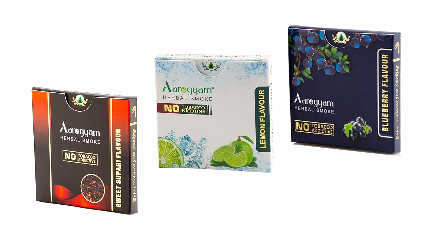 Aarogyam Herbals Tobacco & Nicotine Free Herbal Flavored Cigarette For Relieve Stress And Mood Enhance Product - Blueberry, Lemon, Sweet Supari Flavour - Pack Of 3 30 Sticks
