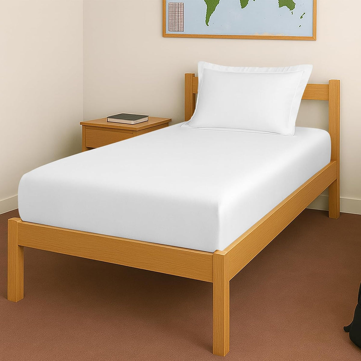 Elastic Fitted Bedsheets Single Bed With 1 Pillow Cover 40 X 78 Inches, White | 400 Thread Count Long Staple Cotton Sateen