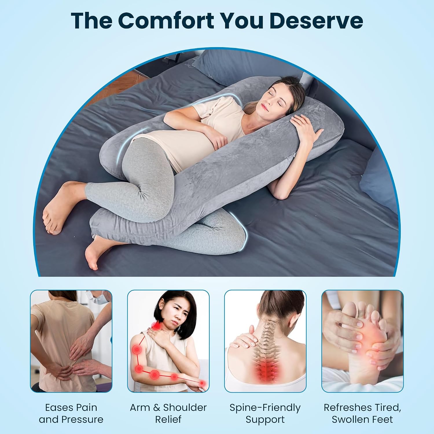 J Shape Full Body Pillow, Pregnancy Pillows For Sleeping, Dark Grey Color | Maternity Pillows For Back, Hips, Legs, Belly | For Pregnant Women With Removable, Washable Grey Velvet Cover