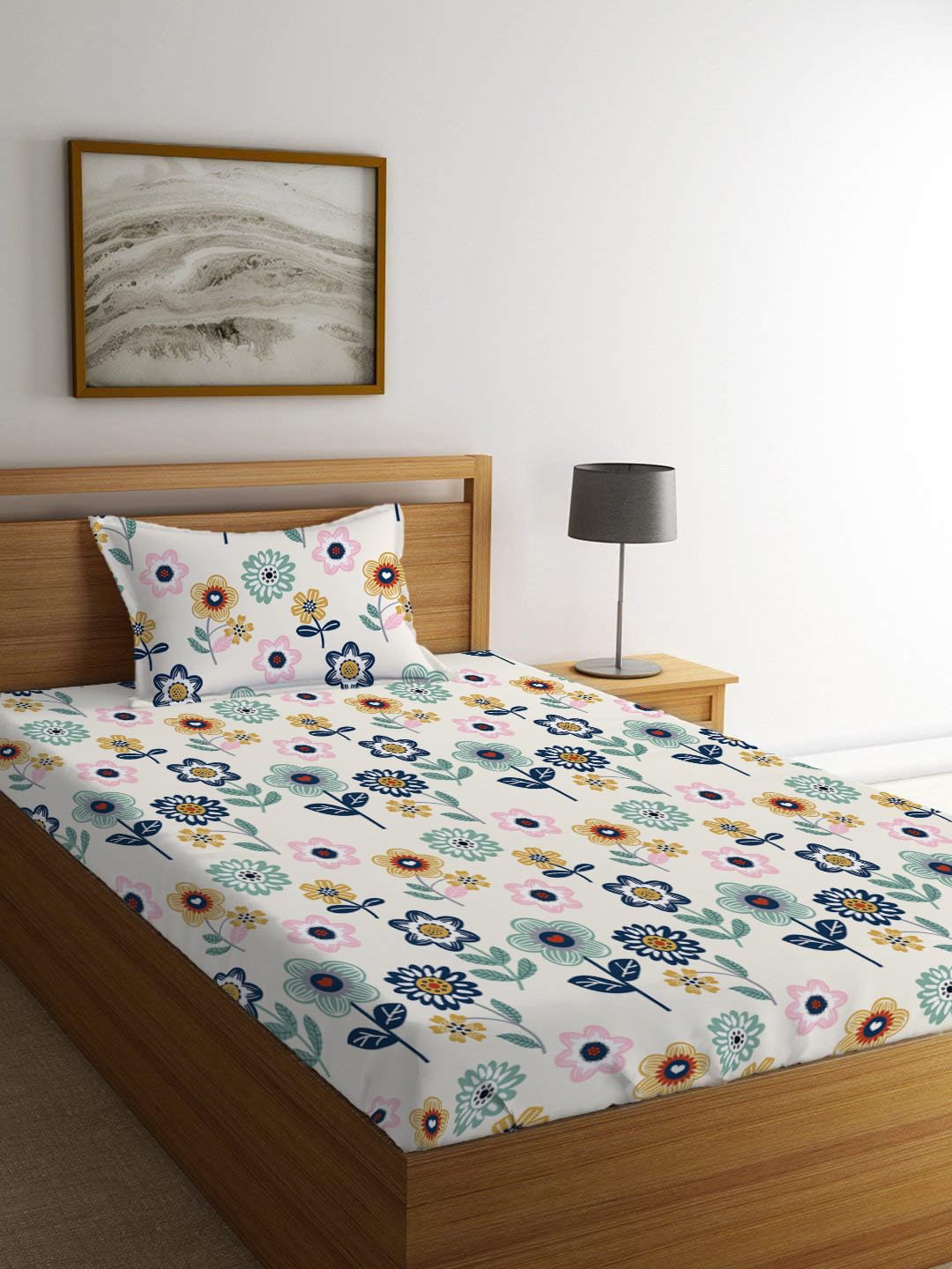 Jaipuri Single Bedsheet With 1 Pillow Cover - 42 X 75 X 8 Inches, Multicolor | Super Soft Premium Brushed Glace Cotton | Breathable & Wrinkle-Free | Elastic Fitted Bedsheet