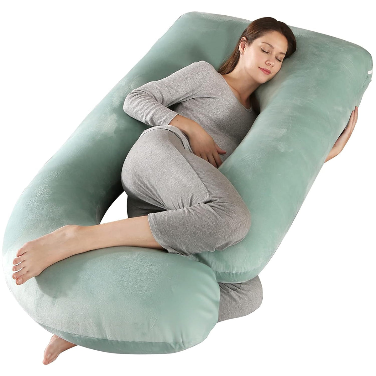 Pregnancy Pillow, Full Body Maternity Pillow For Sleeping, Velvet Light Green | For Back, Hips, Legs, Belly For Pregnant Women | Removable, Washable Cover, Comfortable & Soft Pillow