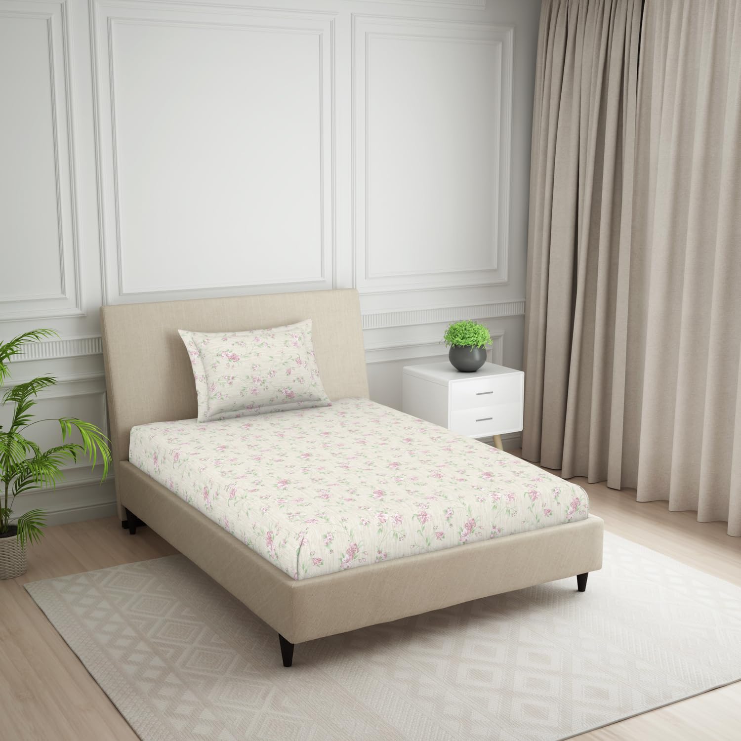 Polycotton Bedsheet For Single Bed With 1 Pillow Cover - 60 X 88 Inches, Beige | Skin Safe & Super Soft Small Size Bedsheet - 120 Thread Count
