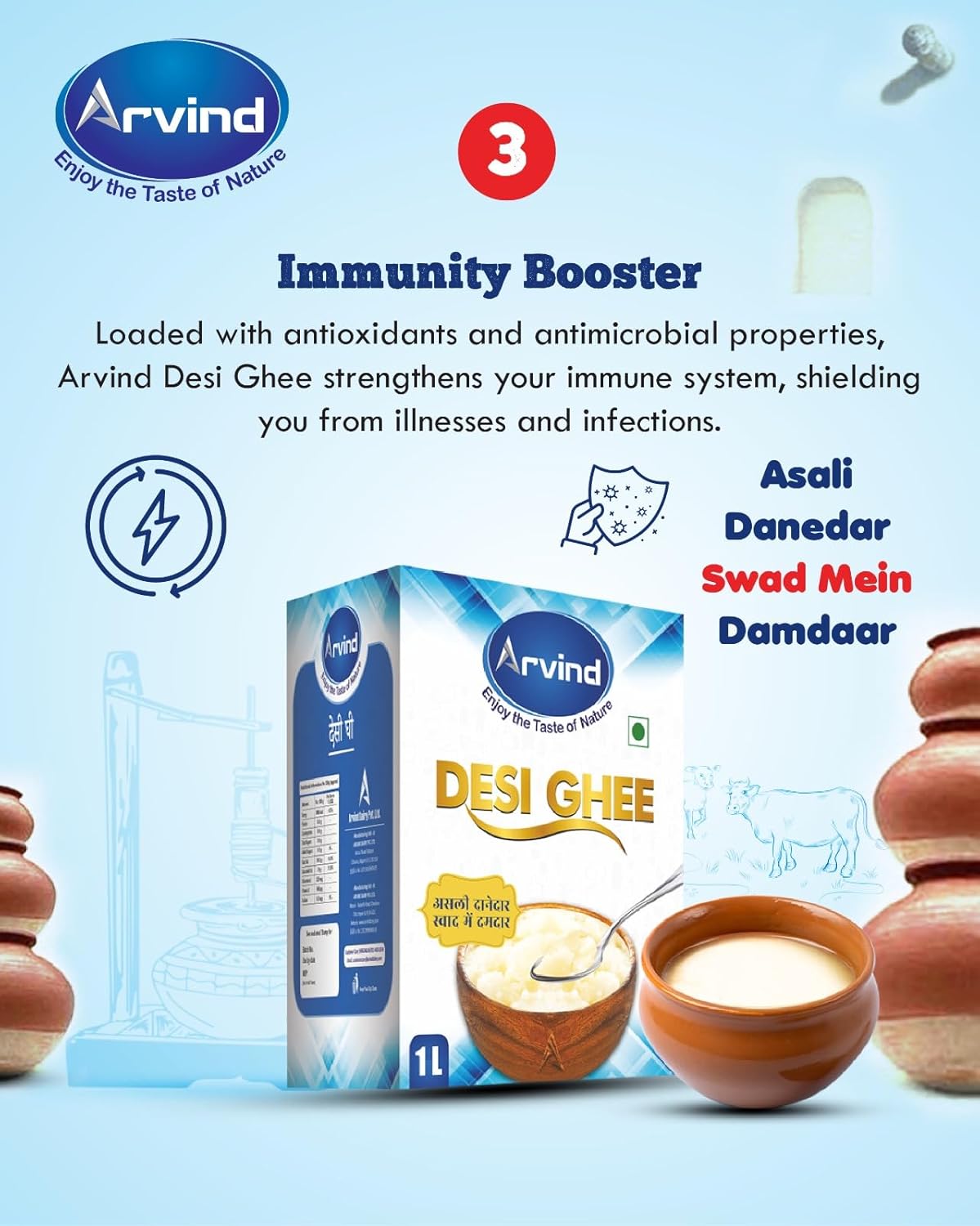 100% Pure Desi Ghee By Arvind | Rich Aroma For Better Digestion & Immunity Pure Desi Ghee For Frying | (500ml) 16.9 Ounce | Box Pack