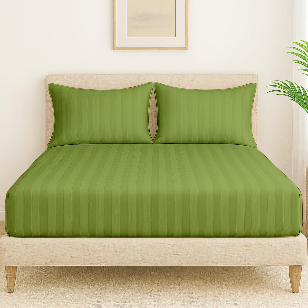 Elastic Fitted Bedsheet For Queen Size With 2 Pillow Covers | 60 X 78 Inches, Lime Green - Soft & Comfortable Ideal For Guest Room, Hotel
