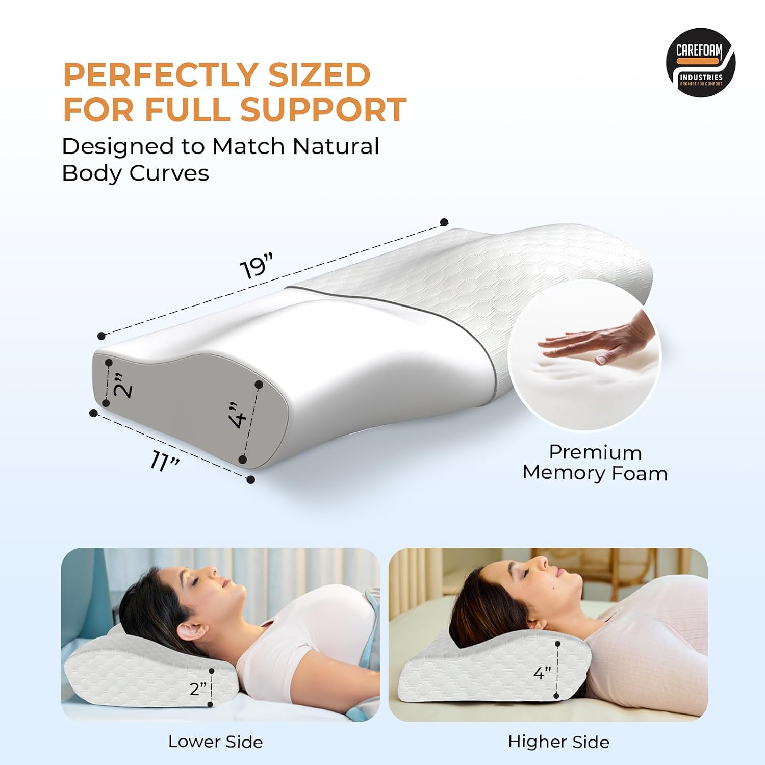 Memory Foam Cervical Neck Pillow, For Pain Relief, Size - 19 X 12 X 4 Inch | Soft Pillow For Improves Posture, Spinal Alignment, Neck Pain Relief | White Jacquard Cover - Pack Of 2