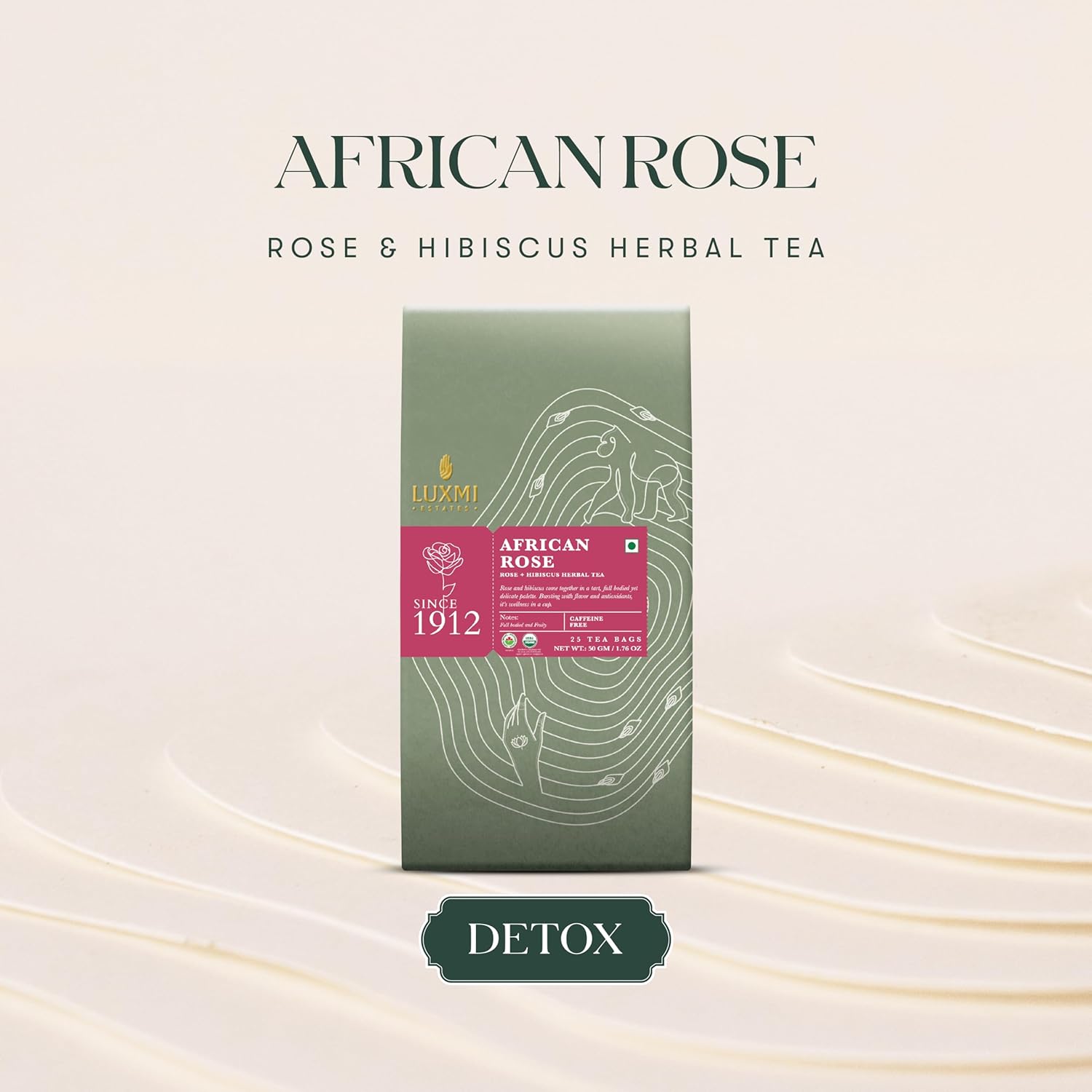 Luxmi Estates African Rose + Hibiscus Herbal Tea - 50gm, 1.7 Ounce, 25 Tea Bags | USDA Certified Organic Tea - Caffeine Free Herbal Tea Bags | Rich In Antioxidants, Additives Free