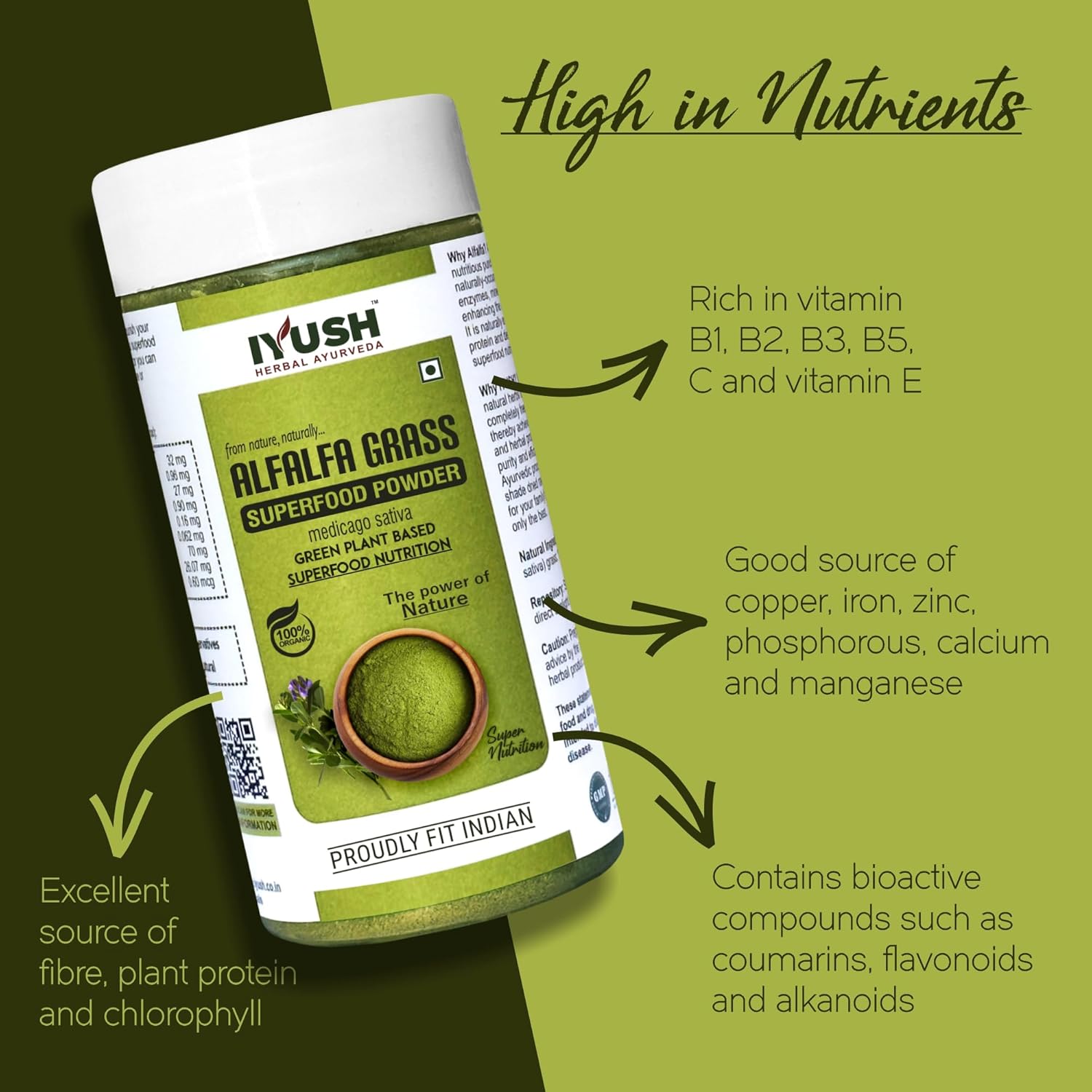 Iyush Herbal Ayurveda Alfalfa Superfood Powder, 100% Forest Variety Herbs, 100% Organic, Pure & Natural | 100gm 0.2lbs Each Pack Of 2