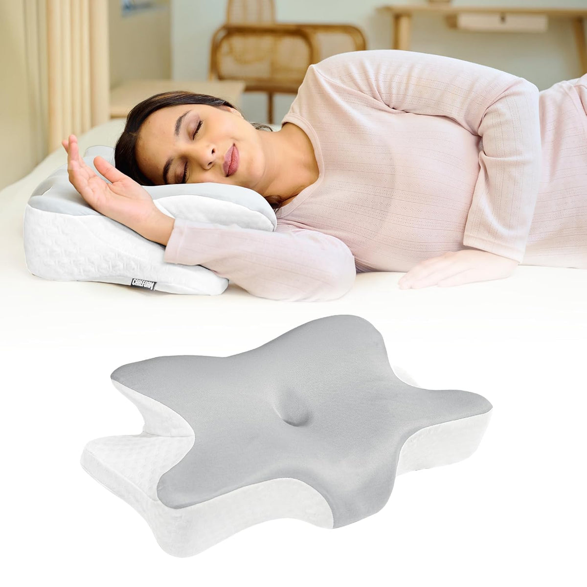 Memory Foam Butterfly Orthopedic Pillow, For Arm Rest & Dual Height, Grey & White | Neck Head & Shoulder Support | Effective For Sleep Disorders, Insomnia, Snoring, Jacquard Cover