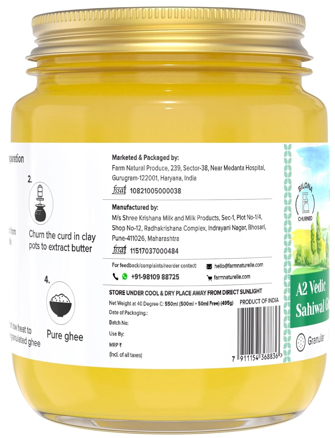 Organic Natural A2 Vedic Sahiwal Ghee By Farm Naturelle | Natural & Healthy Desi Cow Ghee Perfect For Overall Health | (500ml) 16.9 Ounce With Wooden Spoon (50ml) 1.6 Ounce | Jar Pack
