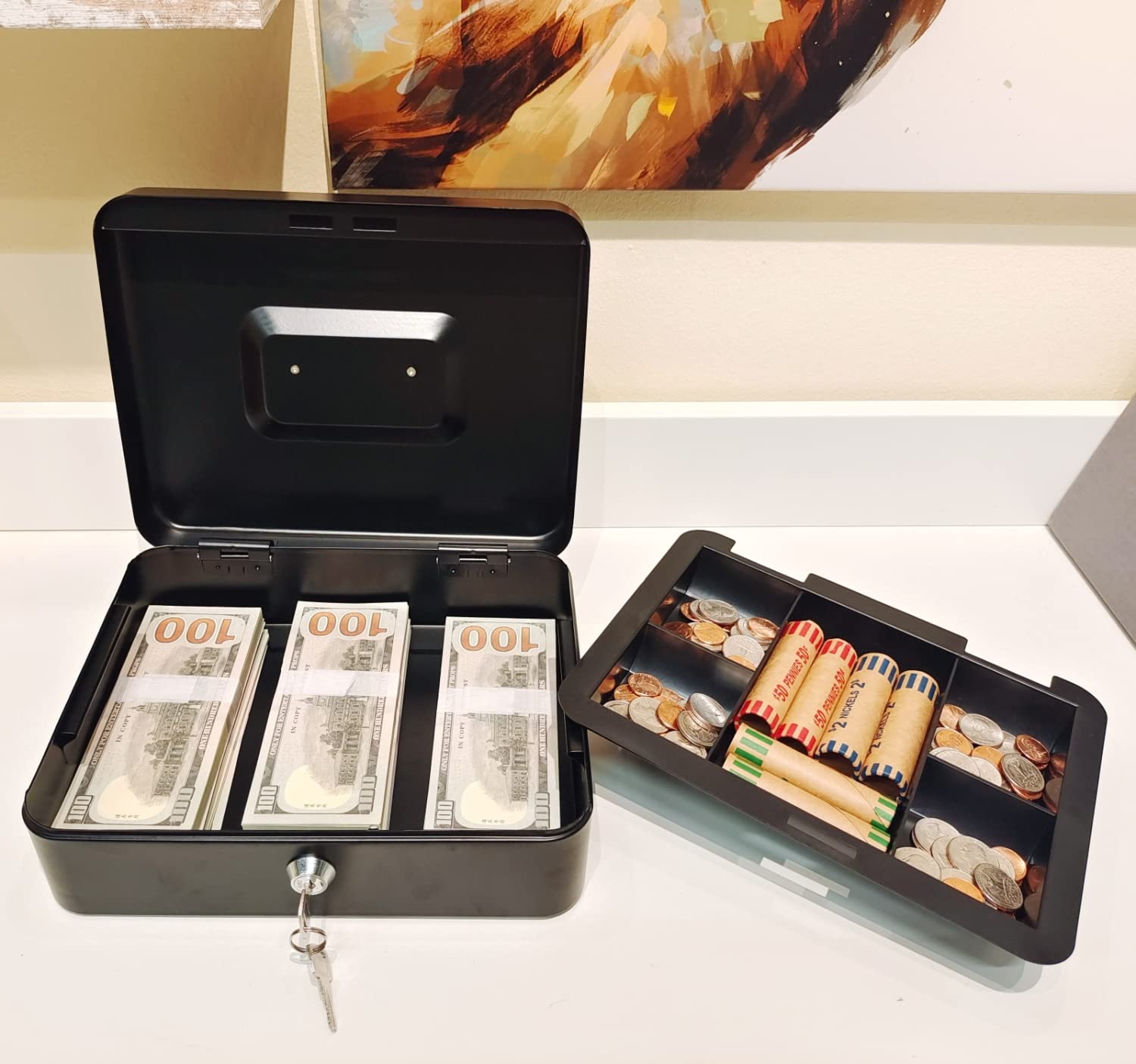 Cash Box With Money Tray & Key Lock Large Security Box Metal Safe Box For Money 9.84 X 7.87 X 3.54 Inch, Colour - Black, Material - Metal