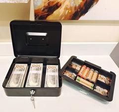 Cash Box With Money Tray & Key Lock Large Security Box Metal Safe Box For Money 9.84 X 7.87 X 3.54 Inch, Colour - Black, Material - Metal