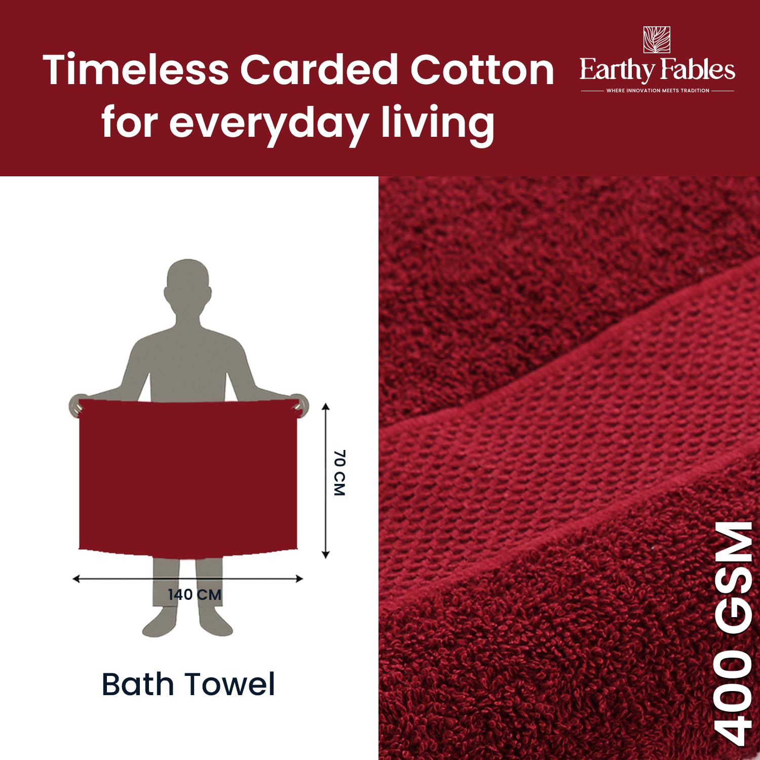 Earthy Fables Basic Bath Towel 400 Gsm Pure Carded Cotton, Soft, Absorbent, Quick Dry & Skin-Friendly Towel, (Wine)