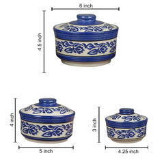 Studio Pottery Hand Painted Serving Donga Casserole Set Of 3 - 900ml, 500ml & 300ml, Blue | Dinner Serving Set - Stackable Kitchen Bowl Set