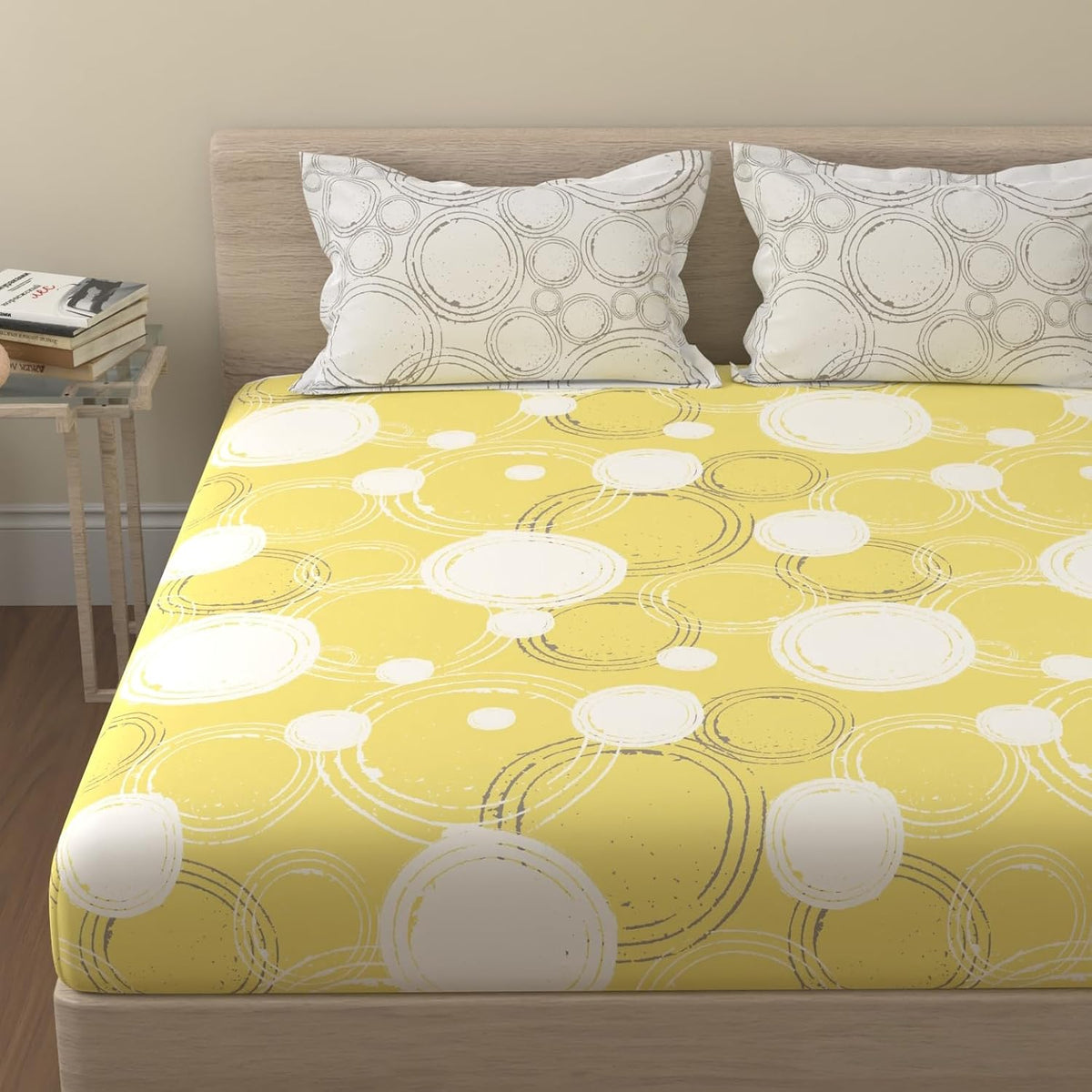 Bed Sheet For Double Bed With 2 Pillow Covers - 88 X 96 Inches, Yellow & Off White | Ideal For Bedroom, Guest Room, Home, Daily Use