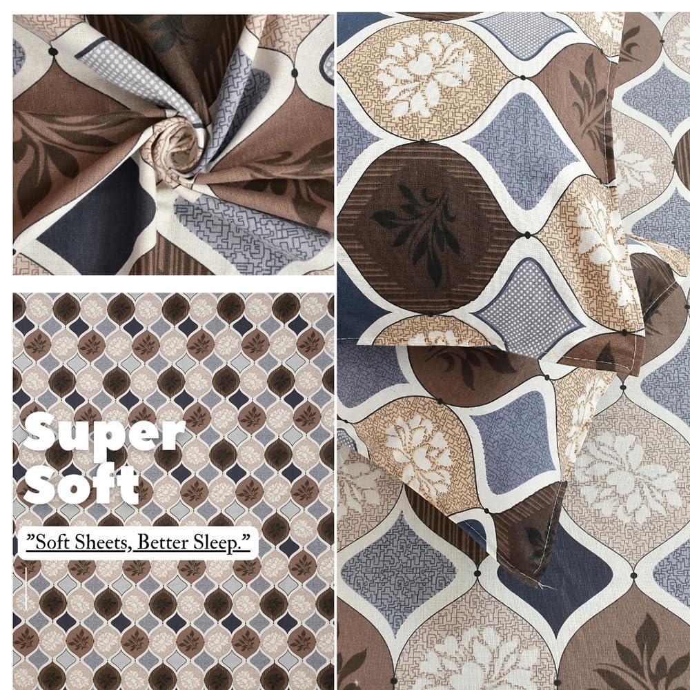 100% Pure Cotton Double Bedsheet With 2 Pillow Covers - 90 X 90 Inches, Brown & White | Soft, Breathable & Skin-Friendly Fade Resistant Double Bedsheet