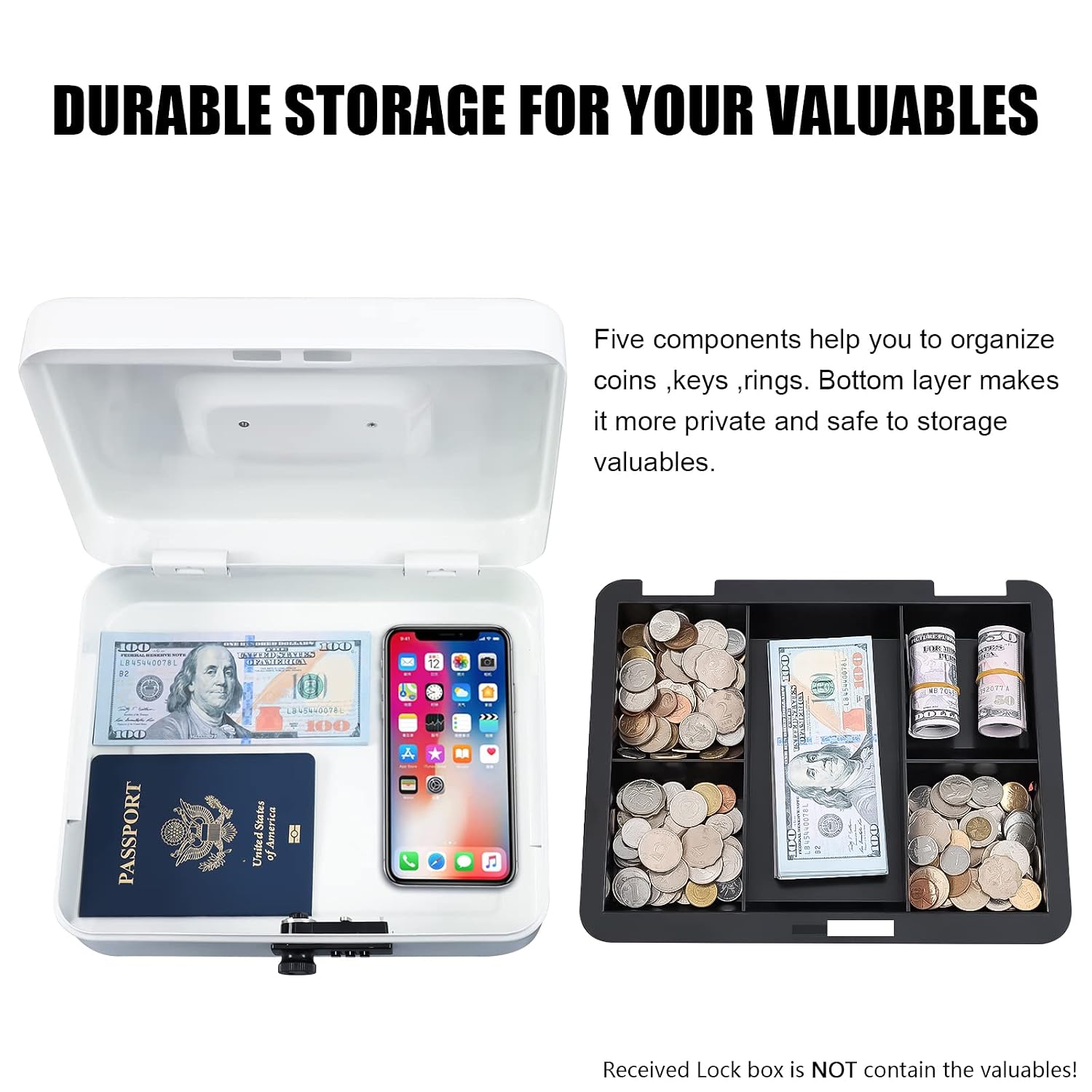 Large Cash Box With Combination Lock Safe Metal Money Box With Money Tray For Security Lock Box 9.84"X 7.87"X 3.54" Colour - White