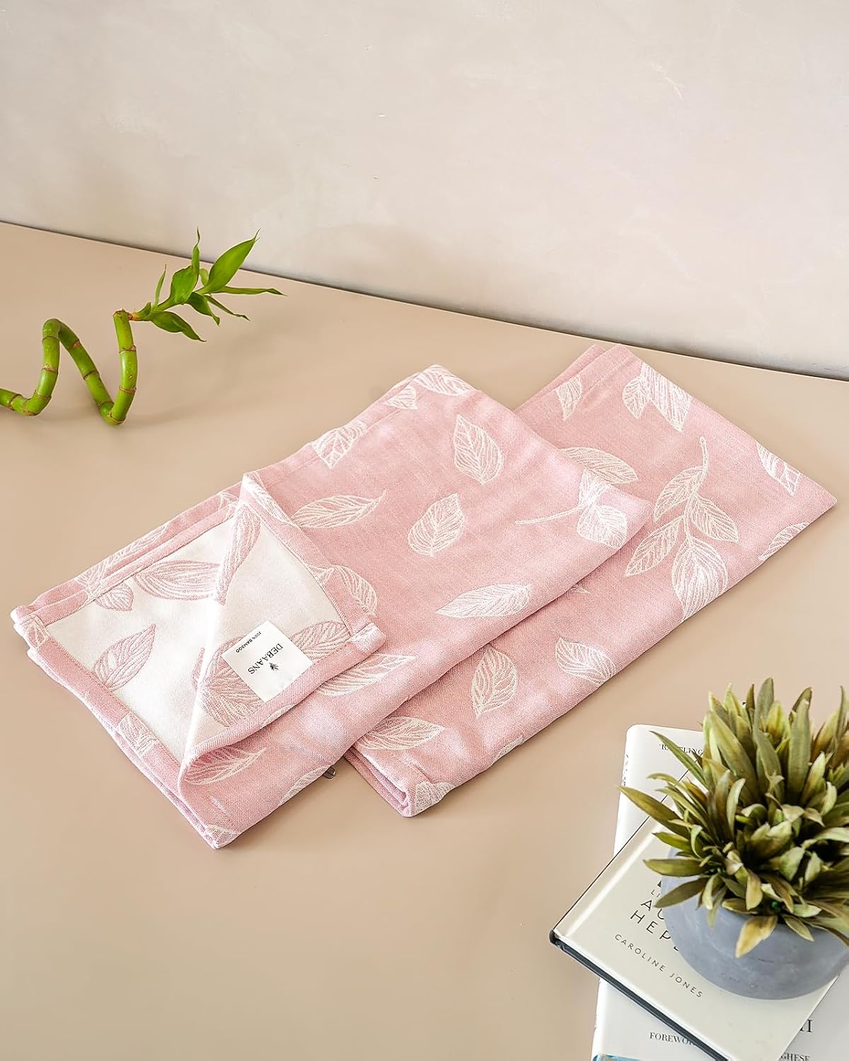 Debaans Bamboo Hand Towels 400 Gsm | Ultra Soft, Quick Dry, Antibacterial | Multiple Colors & Designs (Botanica Blossom Pink) - Set Of 2