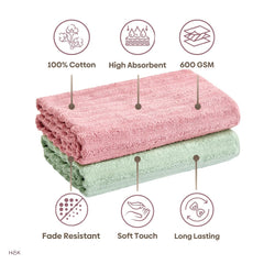 Haus & Kinder Allure Zero Twist Bath Towel 500 Gsm | Cotton Towel For Men, Women Pack Of 2 (Green & Pink)