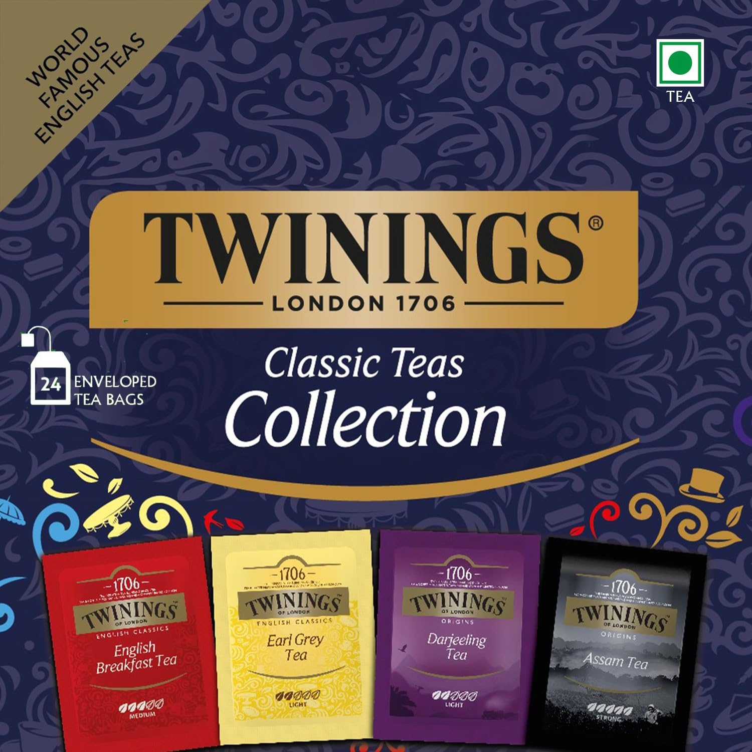 Twinings Classic Teas Collection Pack Includes 4 Different Flavors - English Breakfast Tea+ Earl Grey Tea+ Darjeeling Black Tea+ Assam Tea | 24 Enveloped Tea Bags, 48gm, 1.69 Ounce - Caffeine Free