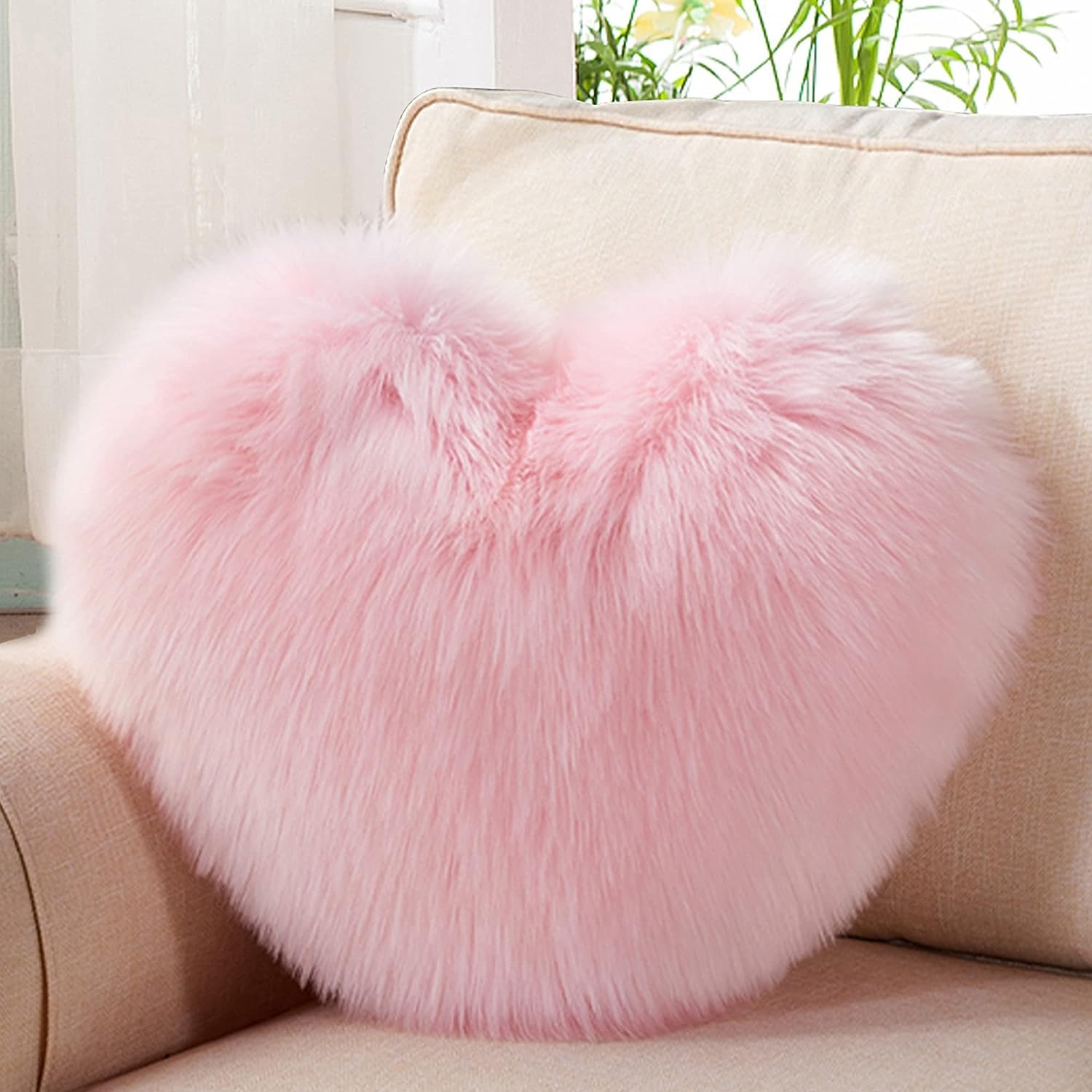 Luxury Soft Fur Love Heart Shape Cushion Pillow, Baby Pink - 16 X 16 Inches | Pillow For Valentine's Day, Couple, Sofa, Car, Decoration | Furniture Cushion, Washable, Super Soft Pillow