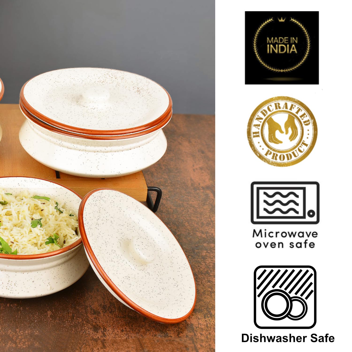 Hand Crafted Ceramic Handi With Lid Set Of 3 - 1500ml, 1000ml & 700ml, Off White | Dinner Serving Set - Serving Pots, Biryani Handis | Gift Pack