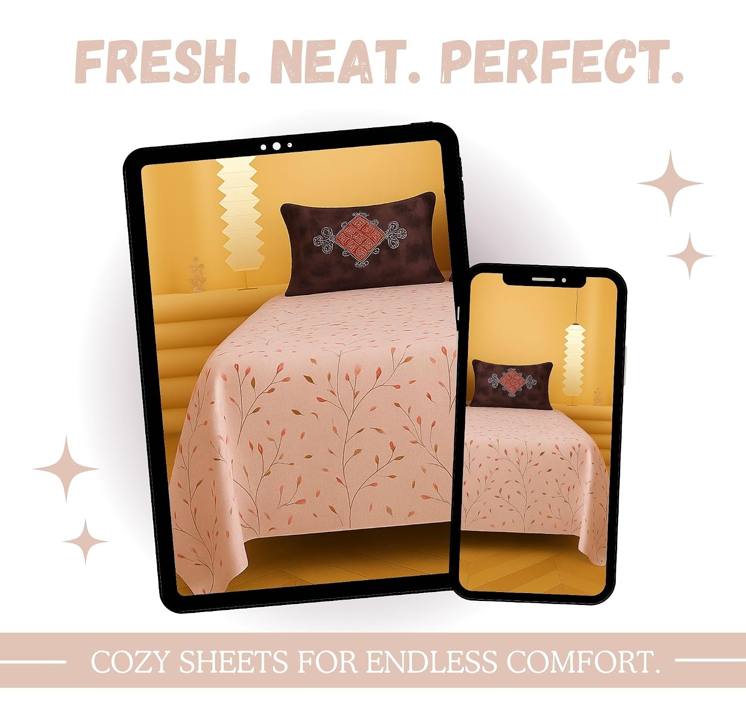 1 Double Bedsheet With Two Pillow Covers - 90 X 94 Inches, Blush Pink | 300 Thread Count Super Soft Bed Sheet For King Size Bed Floral Design