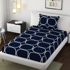 Premium Cotton Elastic Fitted 1 Single Bedsheets With 1 Large Pillow Covers | Size 36 X 78 Inches, Dark Blue - Wrinkle Free & Soft Touch Summer Bedsheet