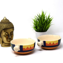 Boho Fiesta Ceramic Snack Bowls With Handles - 2 Pieces, 300ml Each, Multicolor | Hand Painted Handled Soup Bowls - Ceramic Snacks Serving Bowls Set | Microwave Safe & Dishwasher Safe