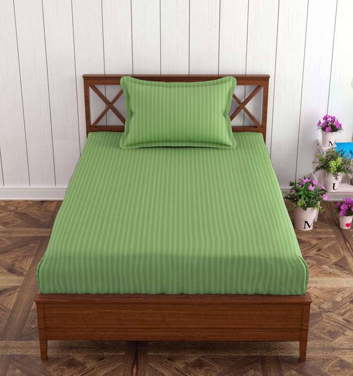 Satin Stripe Single Bedsheet Elastic Fitted With 1 Pillow Cover - 36 X 72 Inches, Moss Green | Perfect For Use In A Home, Hotel Or Ideal For Bedroom Style