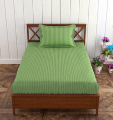 Satin Stripe Single Bedsheet Elastic Fitted With 1 Pillow Cover - 36 X 72 Inches, Moss Green | Perfect For Use In A Home, Hotel Or Ideal For Bedroom Style