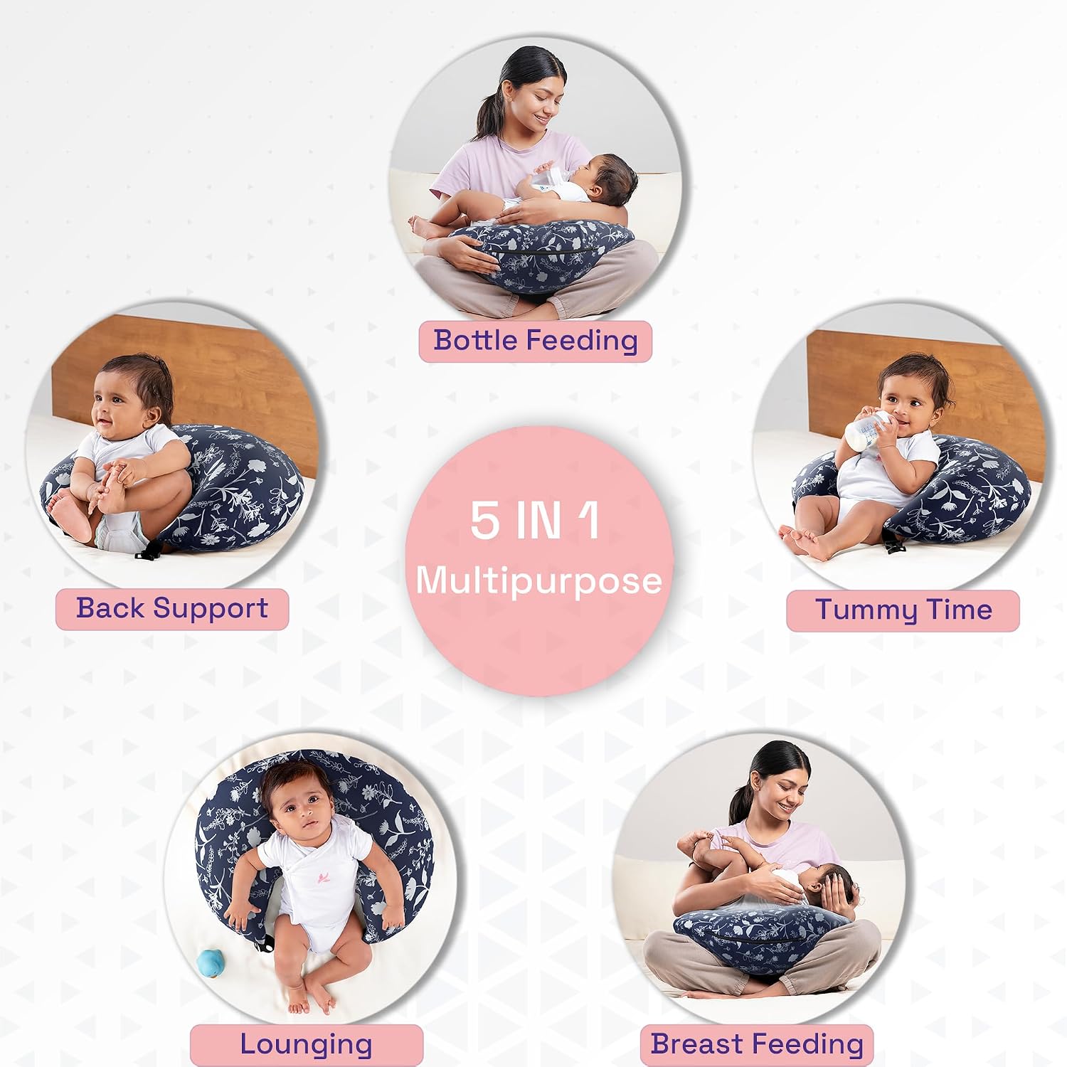 Feeding Pillow For New Born Baby, 5 In 1 Multipurpose Nursing Pillow - Blue | Pillow For Breastfeeding With Cotton Removable Cover | Stay-Put Support For Every Position, Multi-Use