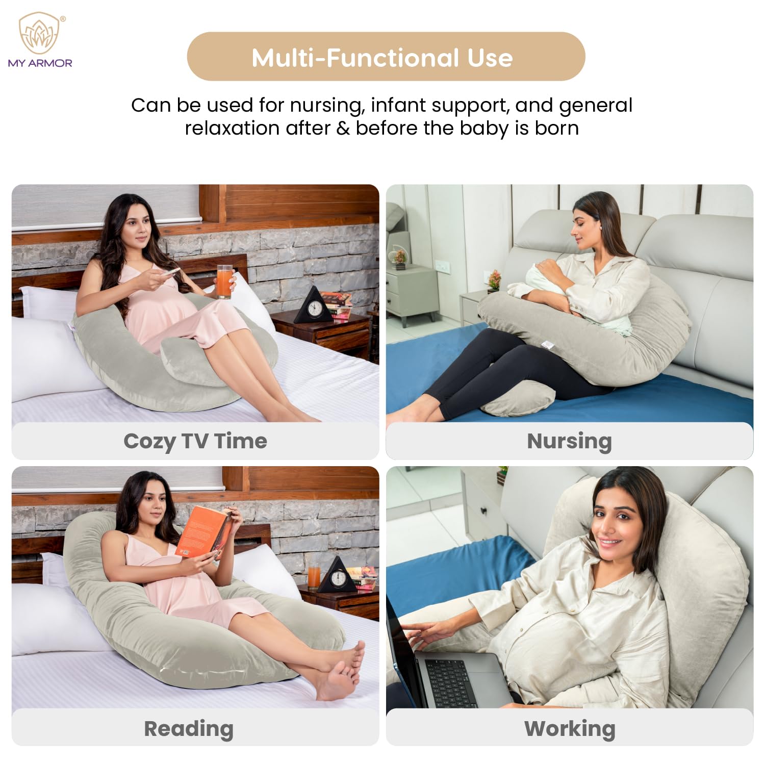 Full Body U Shape Pregnancy Pillow For Women, Maternity Pillow, Cream Color | Pillow Gift For Pregnancy Sleeping, Premium Velvet Cover With Zip | Adjustable & Washable, Relieves Pain
