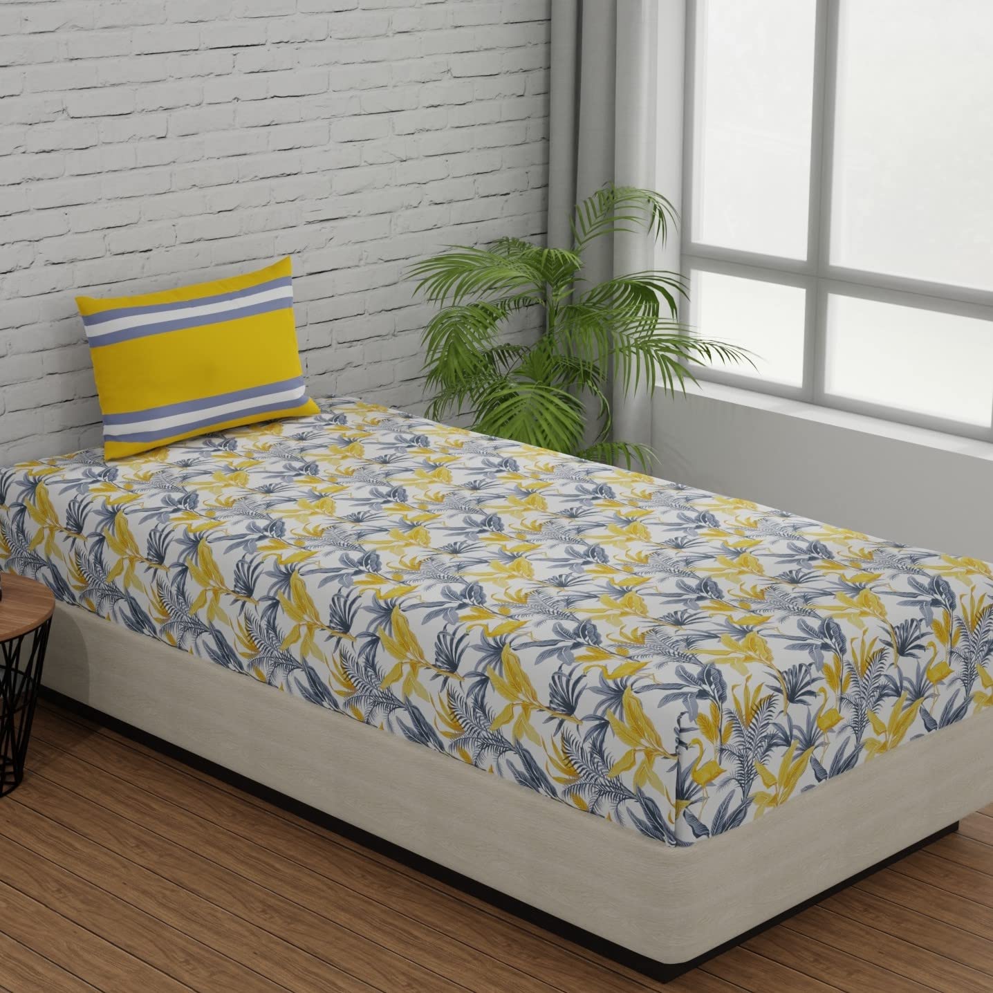 Single Bedsheets With 1 Pillow Cover - 55 X 88 Inches, Flamingo & Stripes Yellow & Grey | Soft & Breathable Fabric | Comfortable For Daily Use