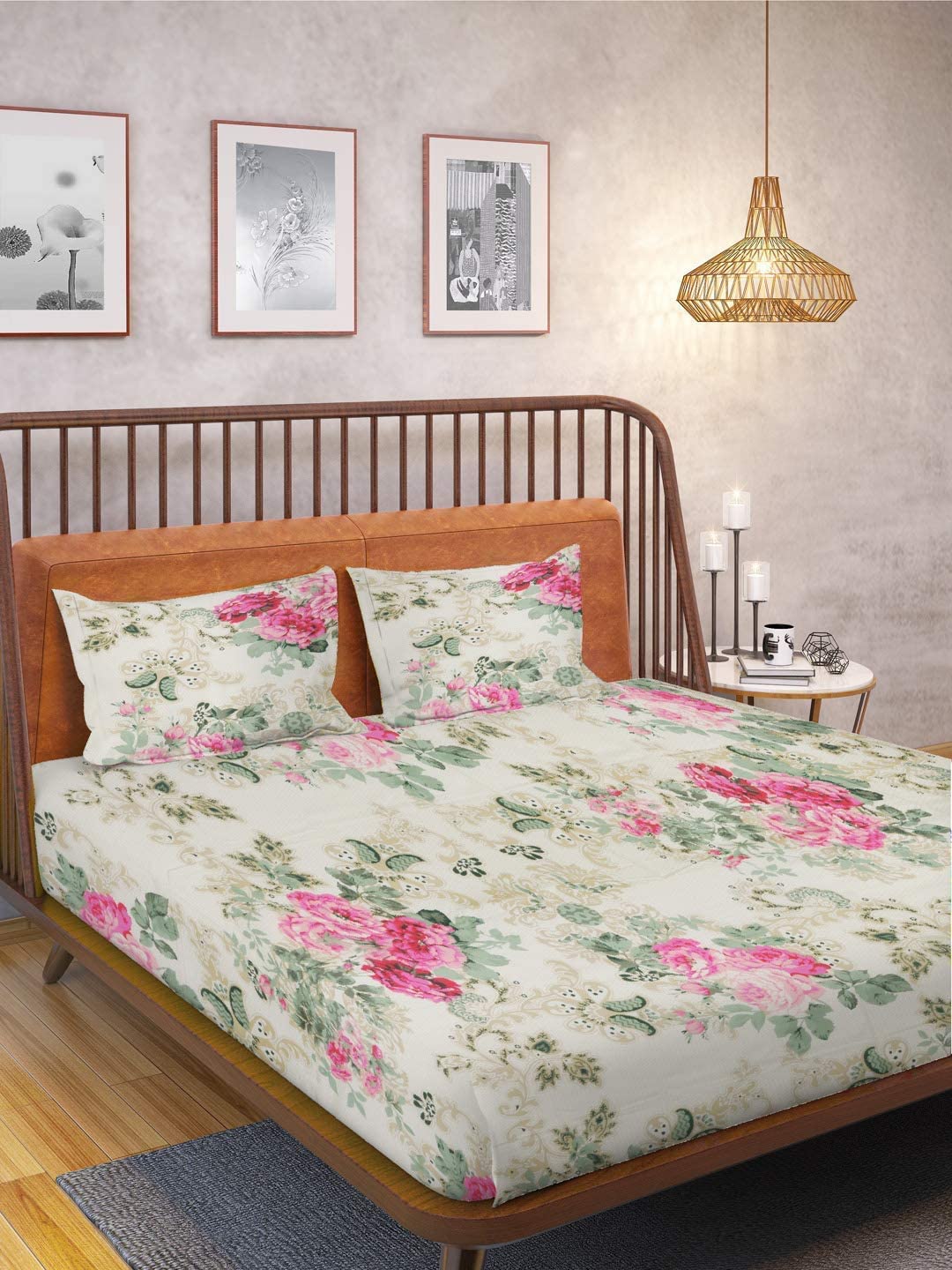 Double Bedsheet For King Size - 110 X 108 Inches, With 2 Pillow Covers, Pink & Green | Natural Fibers, Comfortable Bedsheet