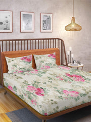 Double Bedsheet For King Size - 110 X 108 Inches, With 2 Pillow Covers, Pink & Green | Natural Fibers, Comfortable Bedsheet