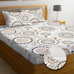 Pure Cotton Full Elastic Fitted Bedsheets For Double King Size Bed With 2 Pillow Covers | 72x78+10 Inches, White & Black | Super Soft Brushed Glace | Breathable & Wrinkle Free