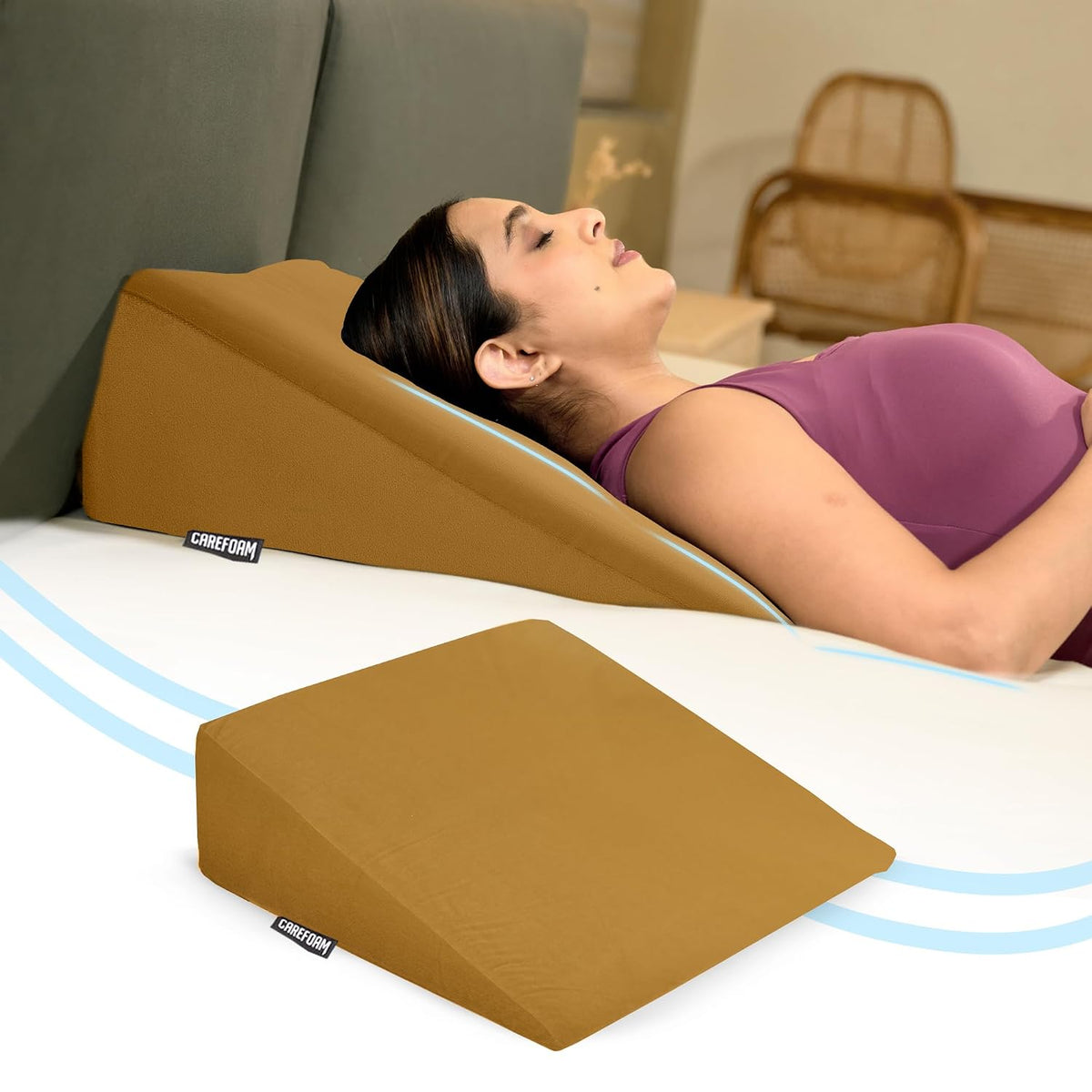 Wedge Pillow Memory Foam For Back Support, Tan, Wedge Medium Size - 20 X 20 X 7 Inch | Wedge Cushion Pillow, Acid Reflux, Snoring, Gerd, Leg Elevation, Pregnancy, Washable Cover