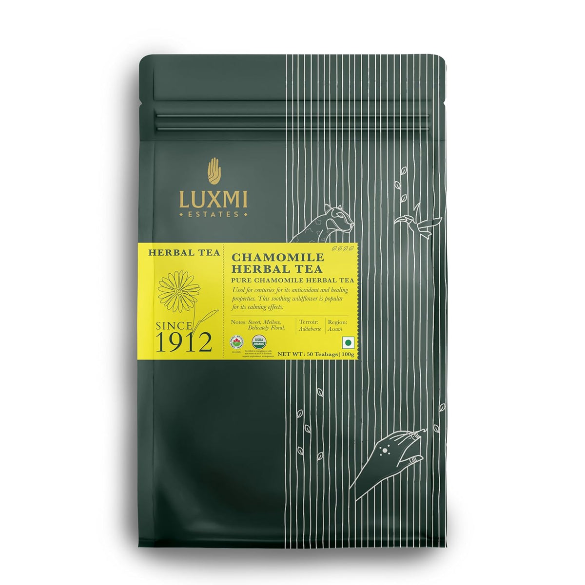 Luxmi Estates Chamomile Herbal Tea - 100gm, 3.5 Ounce, 50 Tea Bags | Stress Relief Bedtime Tea For Restful & Peaceful Sleep - USDA Organic Certified, Caffeine-Free Herbal Tea