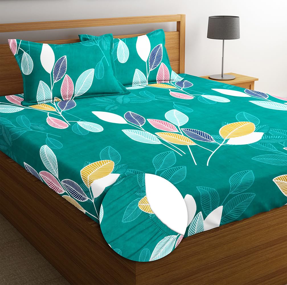 Cotton Elastic Fitted Printed King Size Double Bedsheet With 2 Pillow Cover | 78 X 72 Inches, Dark Green - Super Soft Premium Brushed Glace Cotton Bedsheet