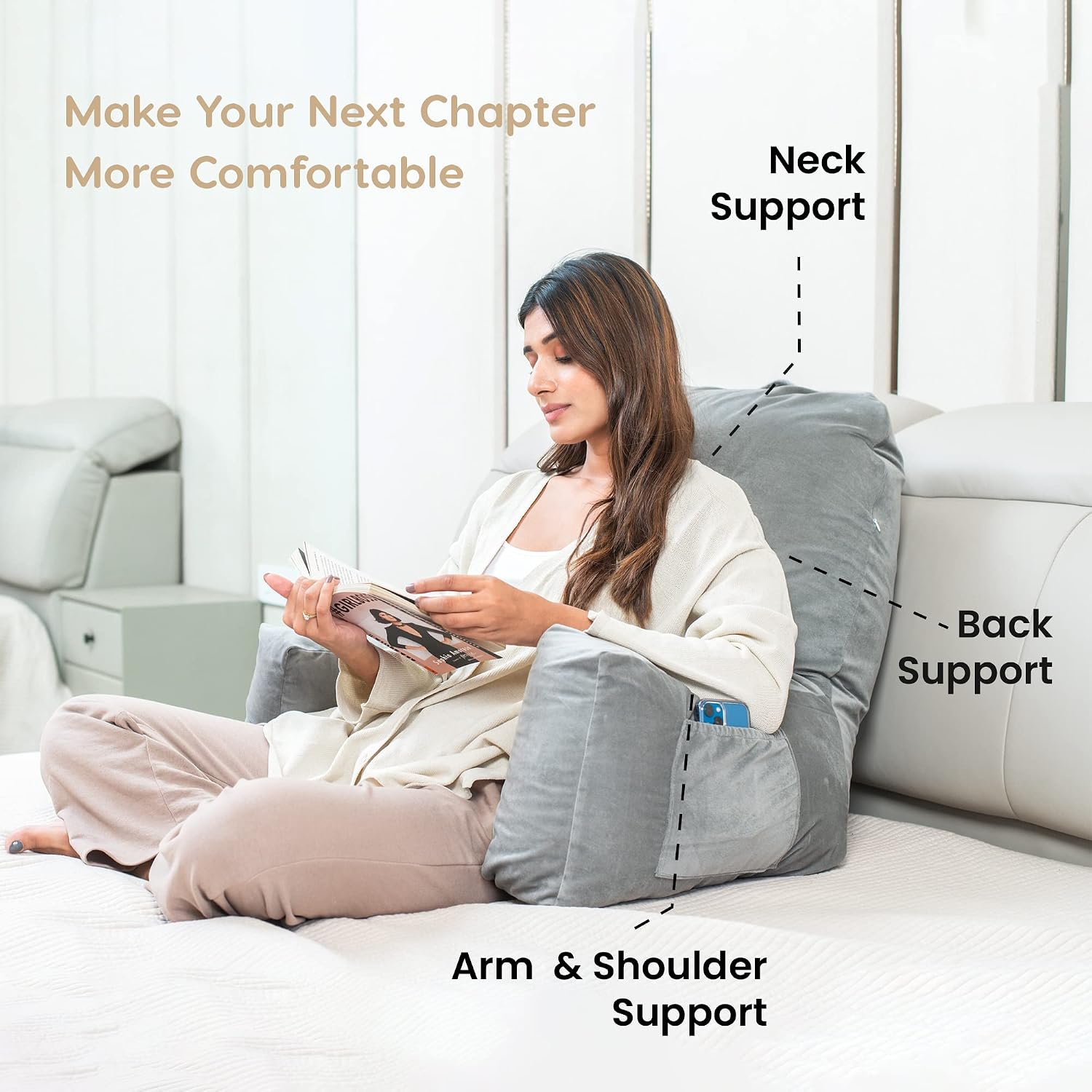 Backrest Pillow For Bed, Reading Pillow With Support Arms, Grey, King Size | Comfortable Back Support For Working, Watching TV In Bed, Premium Velvet Zipper Cover, Machine Washable