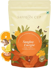 Saffron Cup Sunglow Energize Tea - 100gm, 3.5 Ounce | Infused With Ginger, Turmeric, Lemongrass & Licorice - Caffeine Free, Anti-Inflammatory | Airtight Zip Lock Pouch