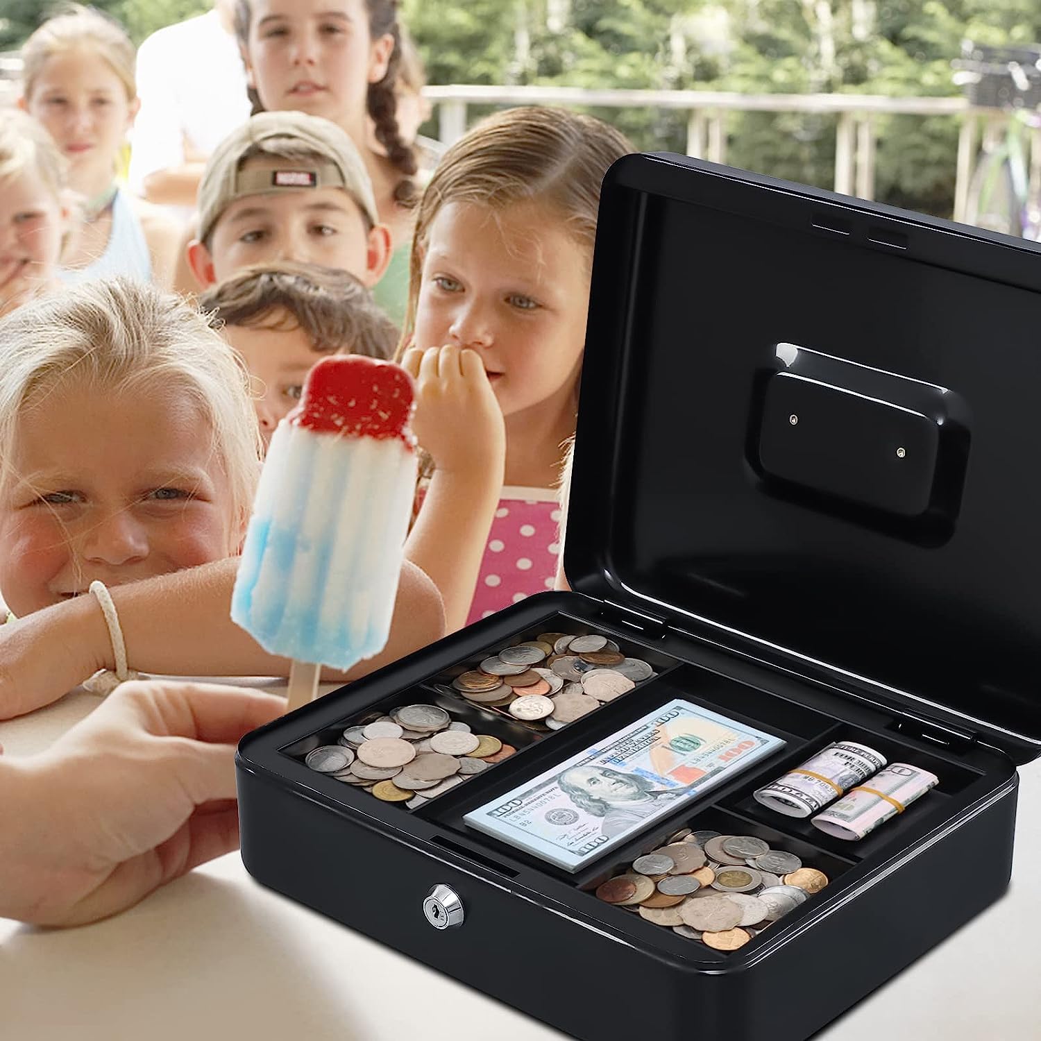 Large 12 Inch Cash Box With Note & Coin Compartments, Cash Box With Lock & Key, Money Tray Perfect Secure Storage, Colour - Black