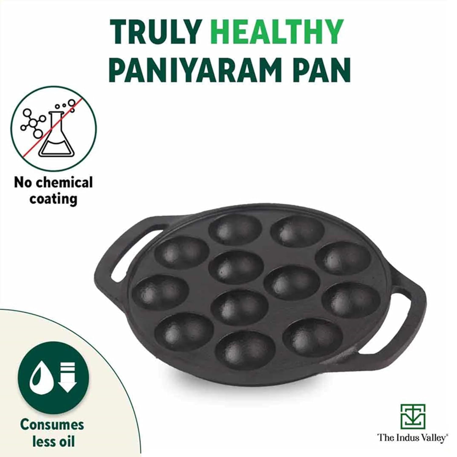 Pre-Seasoned Black Cast Iron Paniyaram Pan With Spatula - Medium, 12 Pits, 8.3 Inch, 21 Cm, 2 Kg | Induction Friendly, Nonstick Appe Or Paddu Pan, 100% Pure & Toxin-Free, No Chemical Coating