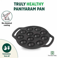 Pre-Seasoned Black Cast Iron Paniyaram Pan With Spatula & Silicon Grip - Medium, 12 Pits, 8.3 Inch, 21 Cm, 2 Kg | Induction Friendly, Nonstick