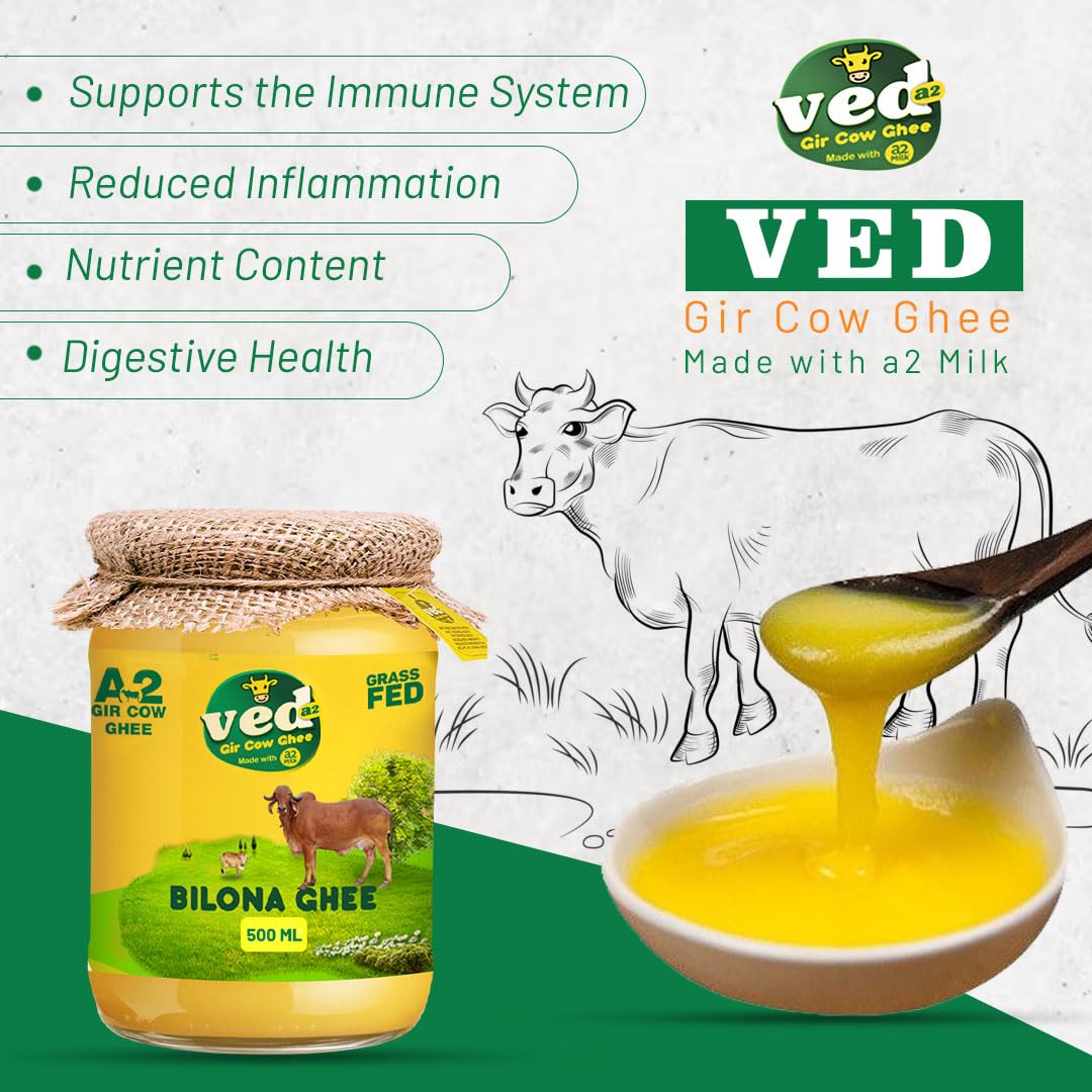 Pure Organic A2 Gir Cow Ghee By Ved-A2 | Traditional Bilona Method Healthy Desi Ghee Good For Parathe | (500ml) 16.9 Ounce | Jar Pack
